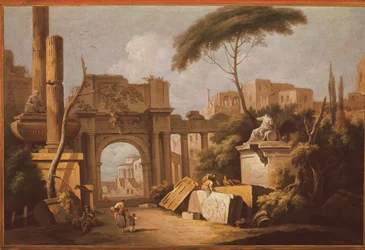 Antike Ruinen mit einem großen Bogen und einer Säule, ca. 1735-40